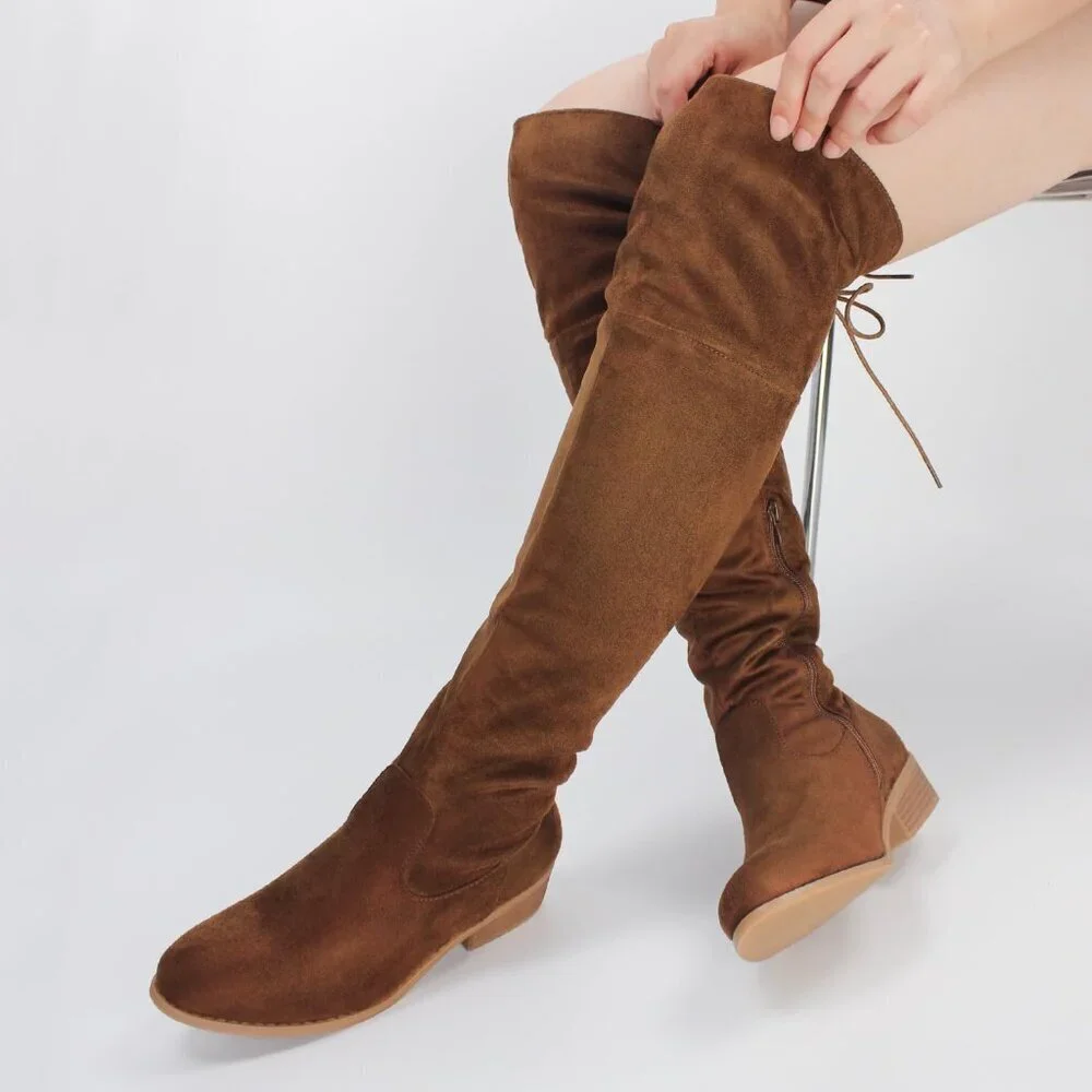 Women's Brown Faux Suede Thigh High Over The Knee Black Low Flat Heel Boots